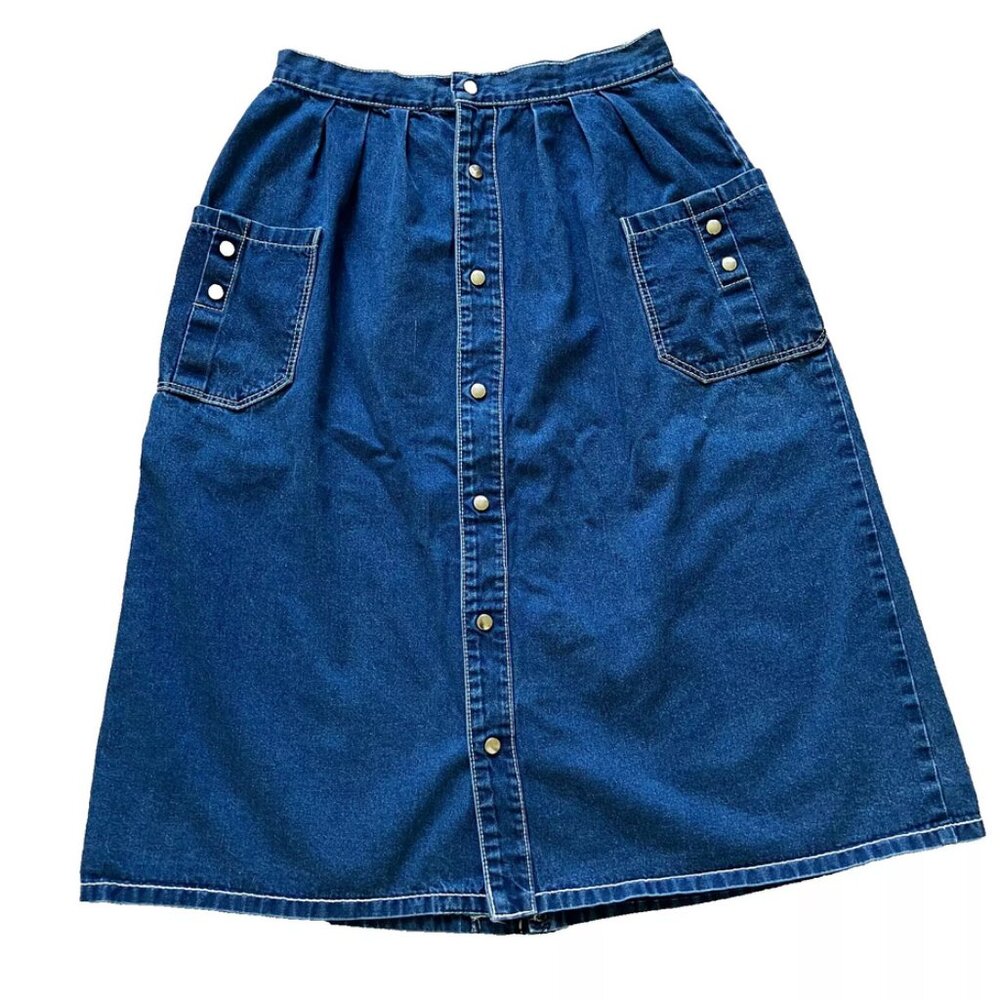 Denim Blue Pleated Midi Skirt Snap Front, 29inch waist